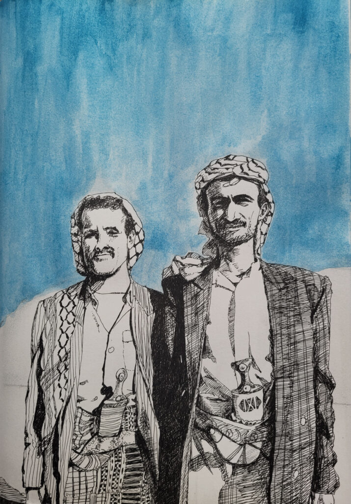 《穿着民族服装的两个人》崔靓，纸本墨水水彩。 Two Men Wearing Their Culture Proudly. （ Ink and watercolour on paper. Cui, Liang. 2023/03/21）
