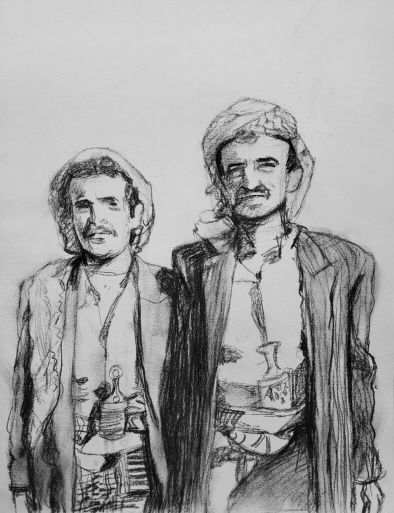 《穿着民族服装的两个人》崔靓，纸本碳铅笔。 Two Men Wearing Their Culture Proudly. （Carbon pencil on paper. Cui, Liang. 2023/03/21）