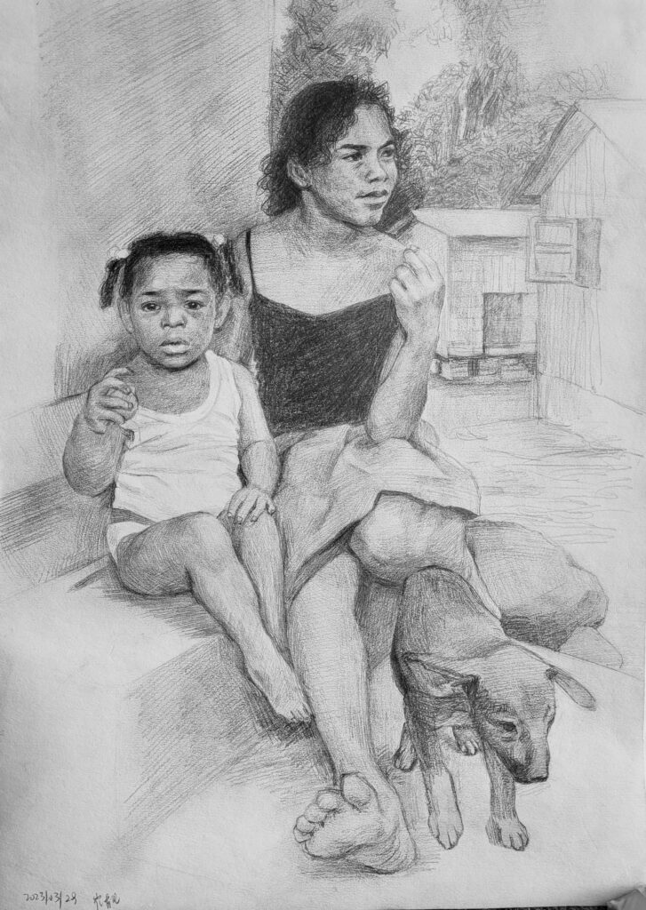 《两个女孩和她们的小狗》，纸本铅笔，崔靓，2023-03。 "Two Girls and Their Puppy". Pencil on paper. Cui, Liang. 
