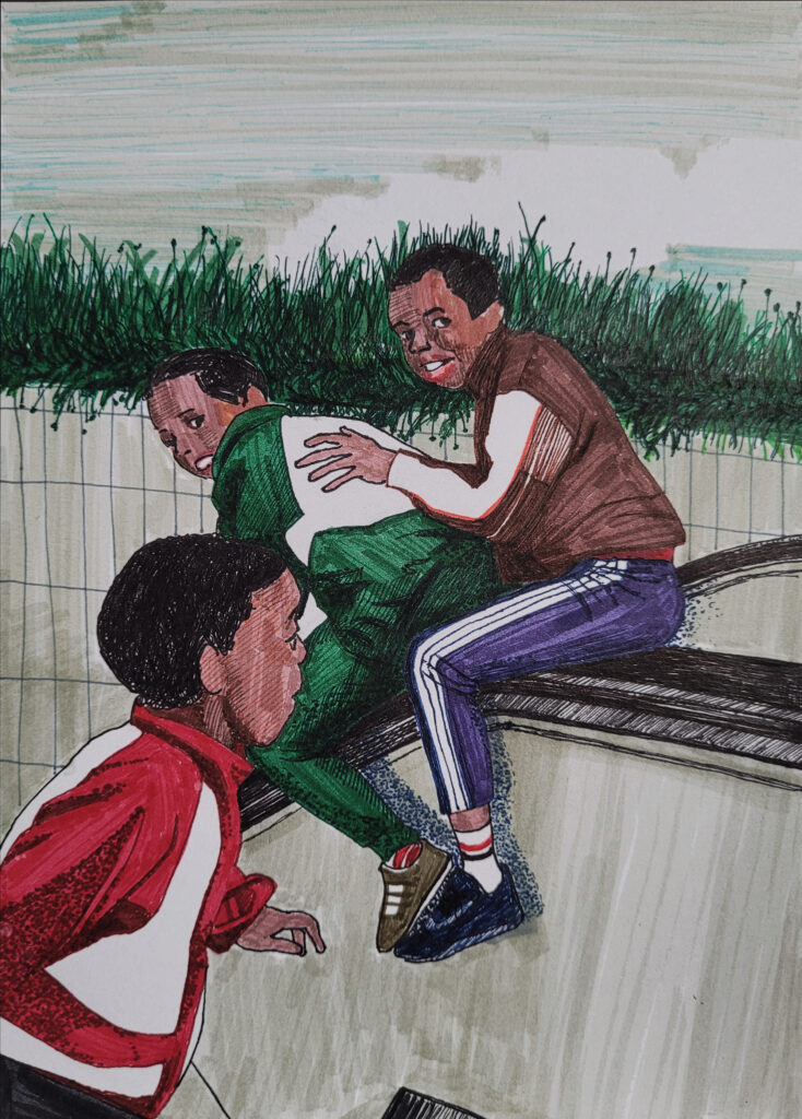 《三个在滑动扶梯上玩耍的男孩》崔靓（2023）彩色水笔 - Three Boys with a Sliding Escalator. Ink Brush.